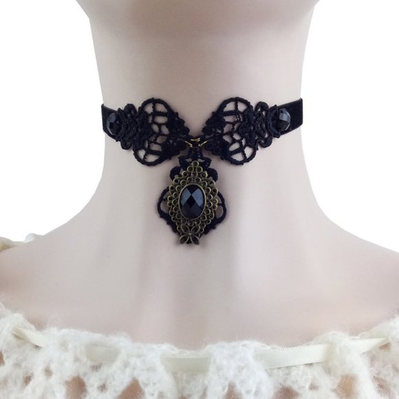 Baroque Vintage Jewelry - Lace Choker, Bronze with Black Stones